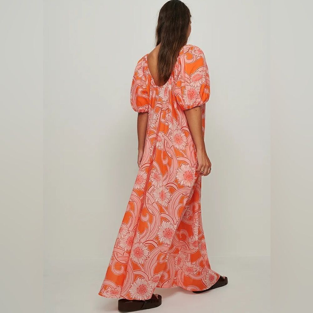 Mango Printed Cotton Dress Flowy Voluminous Maxi Puff Sleeves - Picture 4 of 6